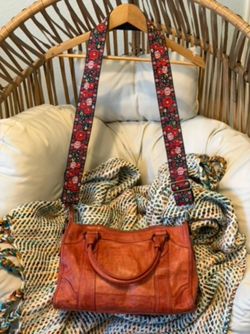 Frye Melissa Washed Leather Satchel Burnt Orange Boho Embroidered Strap EUC